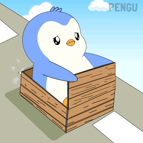 a cartoon of a penguin sitting in a wooden box with pengu written on the bottom