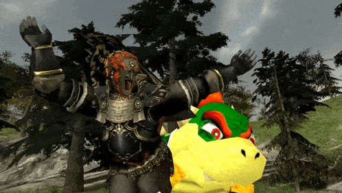 a video game character is standing next to a stuffed animal