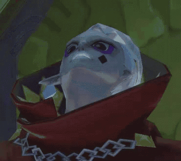 a close up of a cartoon character 's face with a purple eye