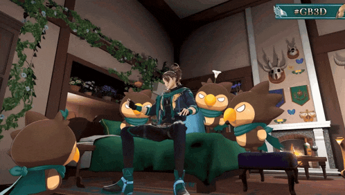 a man sits on a couch surrounded by stuffed animals and a sign that says # gb3d on it