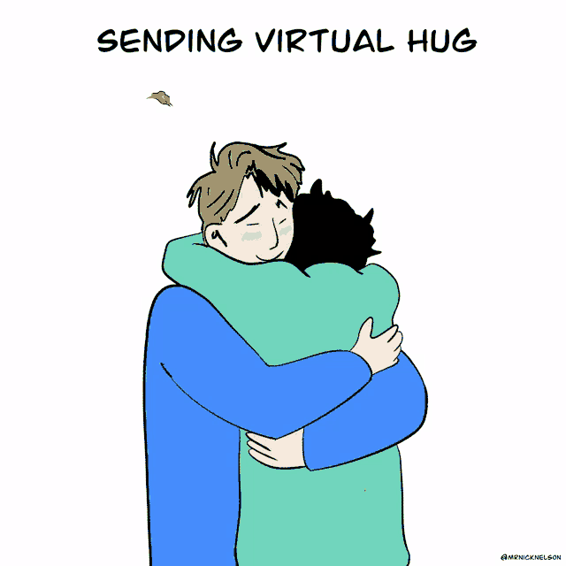 a cartoon of two people hugging with the words sending virtual hug above them