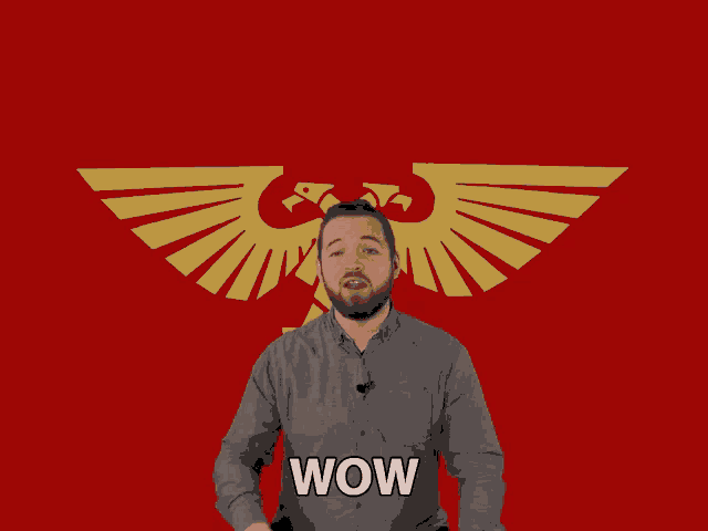 a man with a beard says wow in front of an eagle