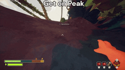 a screenshot of a video game with the words get on peak at the top
