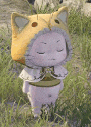 a cartoon character wearing a yellow cat hat is standing in the grass with his eyes closed .