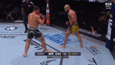 two men are fighting in a boxing ring with bud light advertisements on the floor
