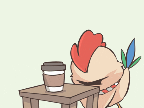 a cartoon of a rooster with a cup of coffee on a table