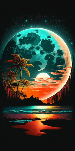 a painting of a sunset with a full moon and palm trees