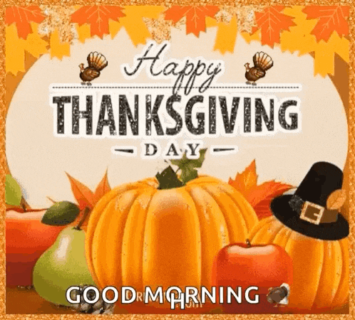 a happy thanksgiving day greeting card with pumpkins , apples , turkeys and a pilgrim hat .