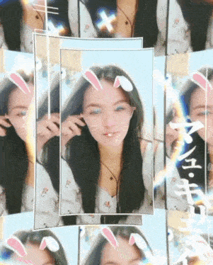 a picture of a girl with bunny ears and a cross on her shirt