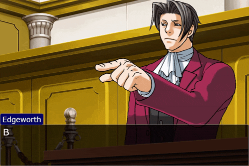 a video game character named edgeworth is pointing at the camera