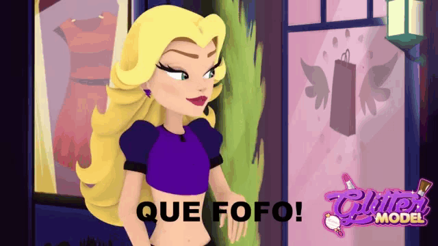 a cartoon girl is standing in front of a window with the words que fofo on the bottom