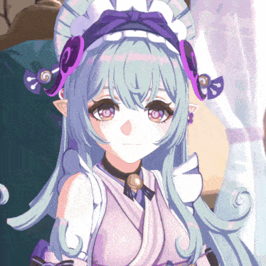 a close up of a cartoon character with a purple hat