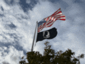 an american flag and a black flag with the letter o on it
