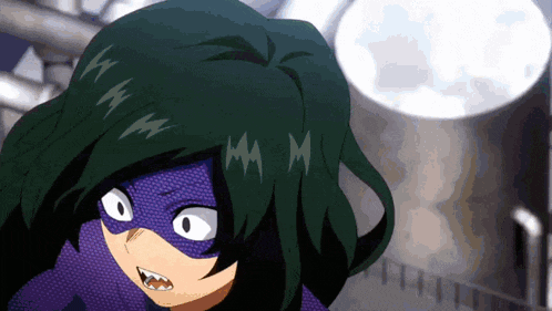 a close up of a cartoon character with a purple mask on her face