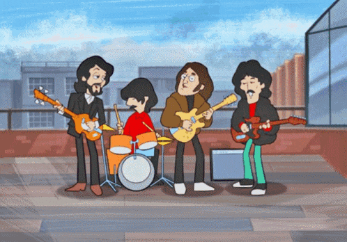 a cartoon drawing of the beatles playing their instruments