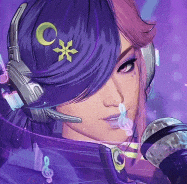 a woman wearing headphones and a microphone has a crescent moon and star on her hair