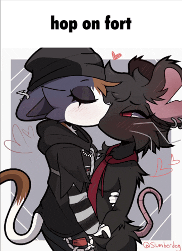 a drawing of a cat and a rat kissing with the caption hop on fort