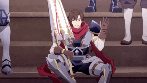 a man in armor sits on a staircase holding a sword