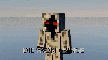 a minecraft character with red eyes and the words die from cringe