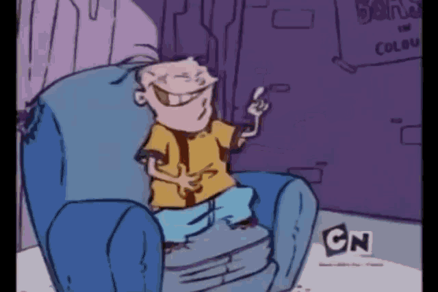a cartoon character is sitting in a chair with a cn logo on the bottom right