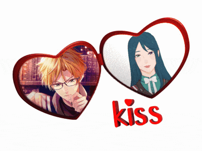 a picture of a man and a woman in two hearts with the word kiss below them