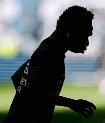 a silhouette of a soccer player wearing a fly emirates shirt walking on a field .
