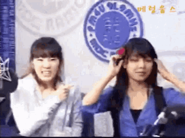 two young women are standing next to each other in front of a microphone in a room .