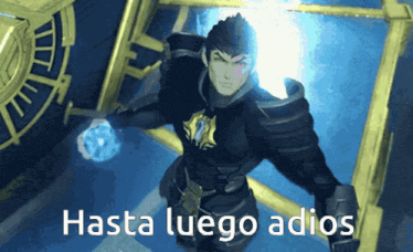a video game character with the words hasta luego adios written below him