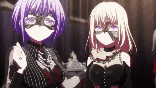 two anime girls are wearing masks and one has purple hair