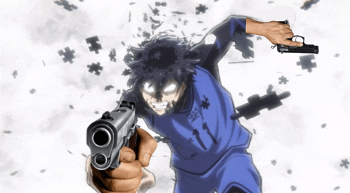 a man in a blue shirt with the number 11 on it is pointing a gun
