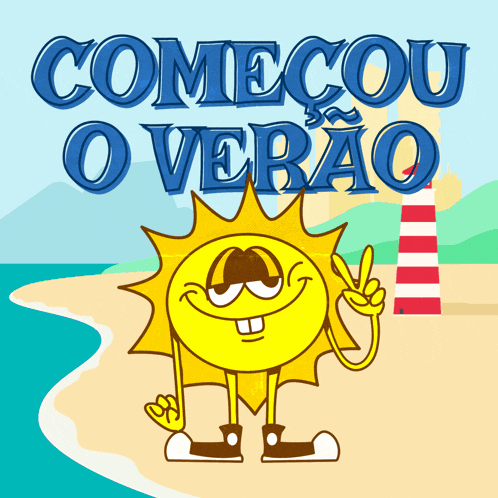a cartoon sun giving a peace sign with the words comecou o verao behind it