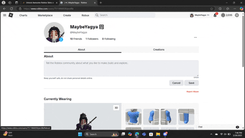 a screenshot of maybeyagia 's roblox account