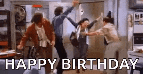 a group of people are dancing in a living room with the words `` happy birthday '' in the background .