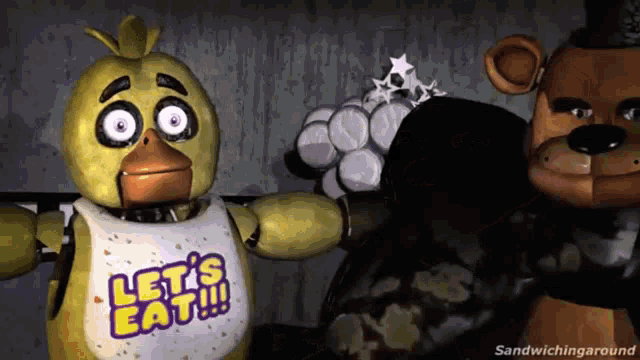 chica from five nights at freddy 's is standing next to foxy