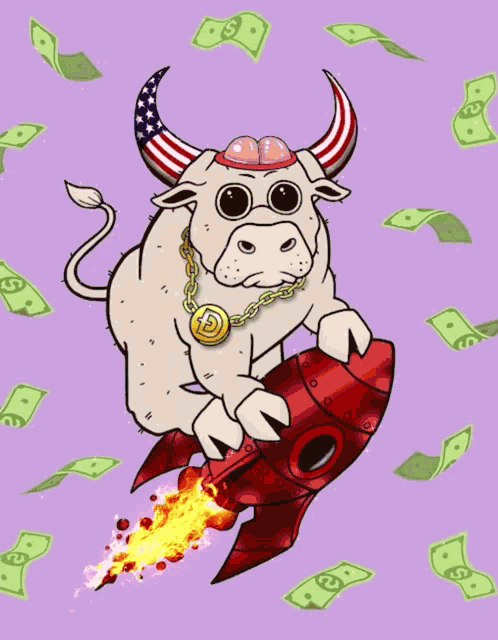 a cartoon bull is riding a red rocket with money falling around him
