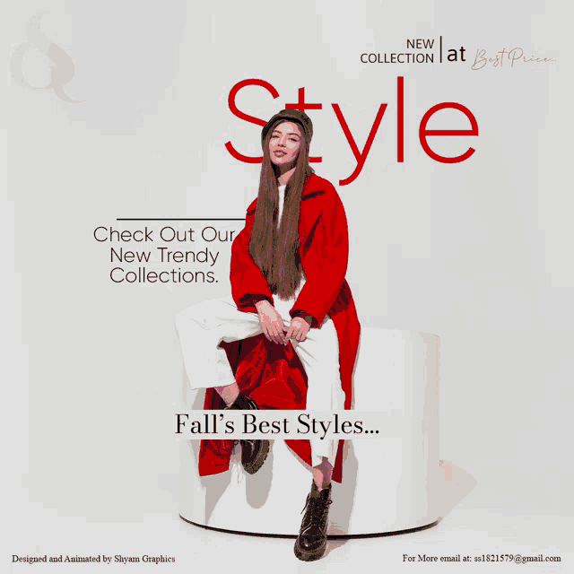 a woman in a purple coat sits on a white cylinder with the words " fall 's best styles " written below her