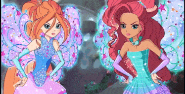 a cartoon of two girls standing next to each other with wings