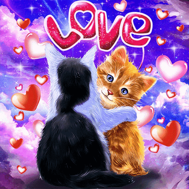 two kittens hugging each other with the word love above them