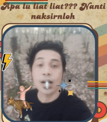 a picture of a man with a baby riding a cat with the caption " apa lu liat liat ?? nanti "