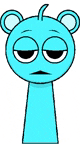 a blue cartoon character with a sad look on his face and a long neck .