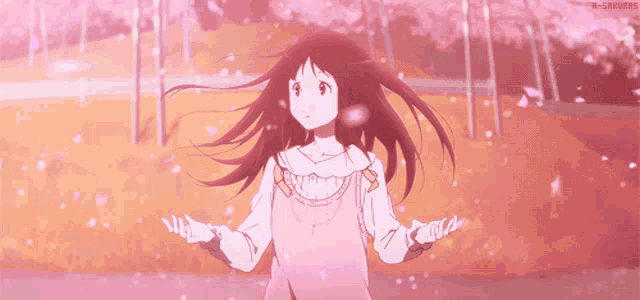 a girl in a pink dress is surrounded by pink flowers