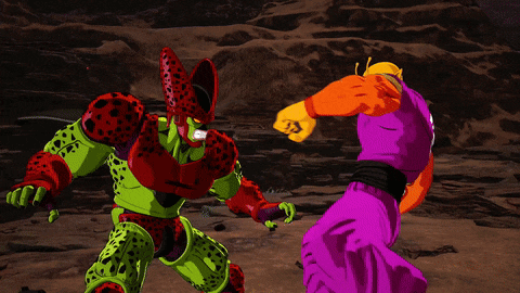 a purple cartoon character is kicking another cartoon character in the face .
