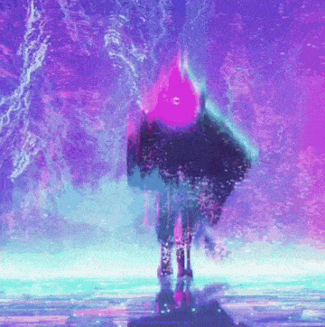 a person is standing in front of a purple and blue background in the water .