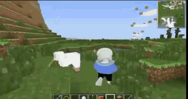 sans is standing next to a sheep in a field in minecraft .