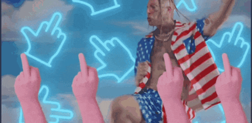a man in an american flag shirt gives the middle finger to a crowd of pink hands