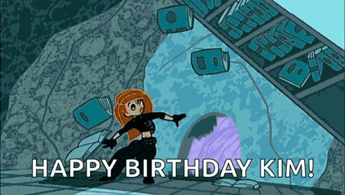 a cartoon character says happy birthday kim in front of a tunnel