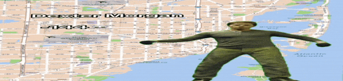 a man standing in front of a map that says dexter morgan on it
