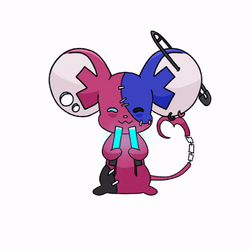 a cartoon drawing of a pink and blue mouse with stitches on it