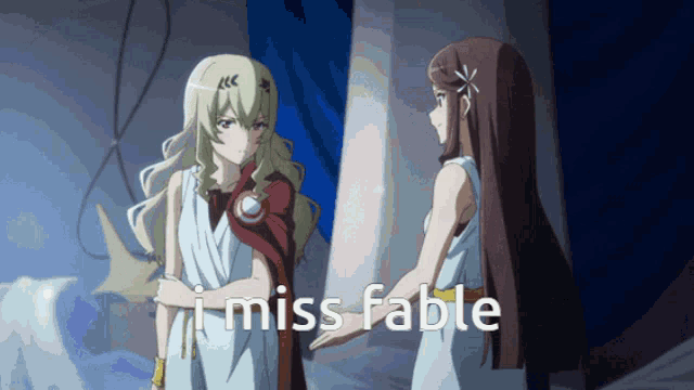 two anime girls are standing next to each other with the words i miss fable written below them
