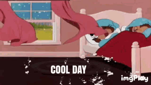 a cartoon of two bears sleeping in a bed with the words cool day on the bottom .